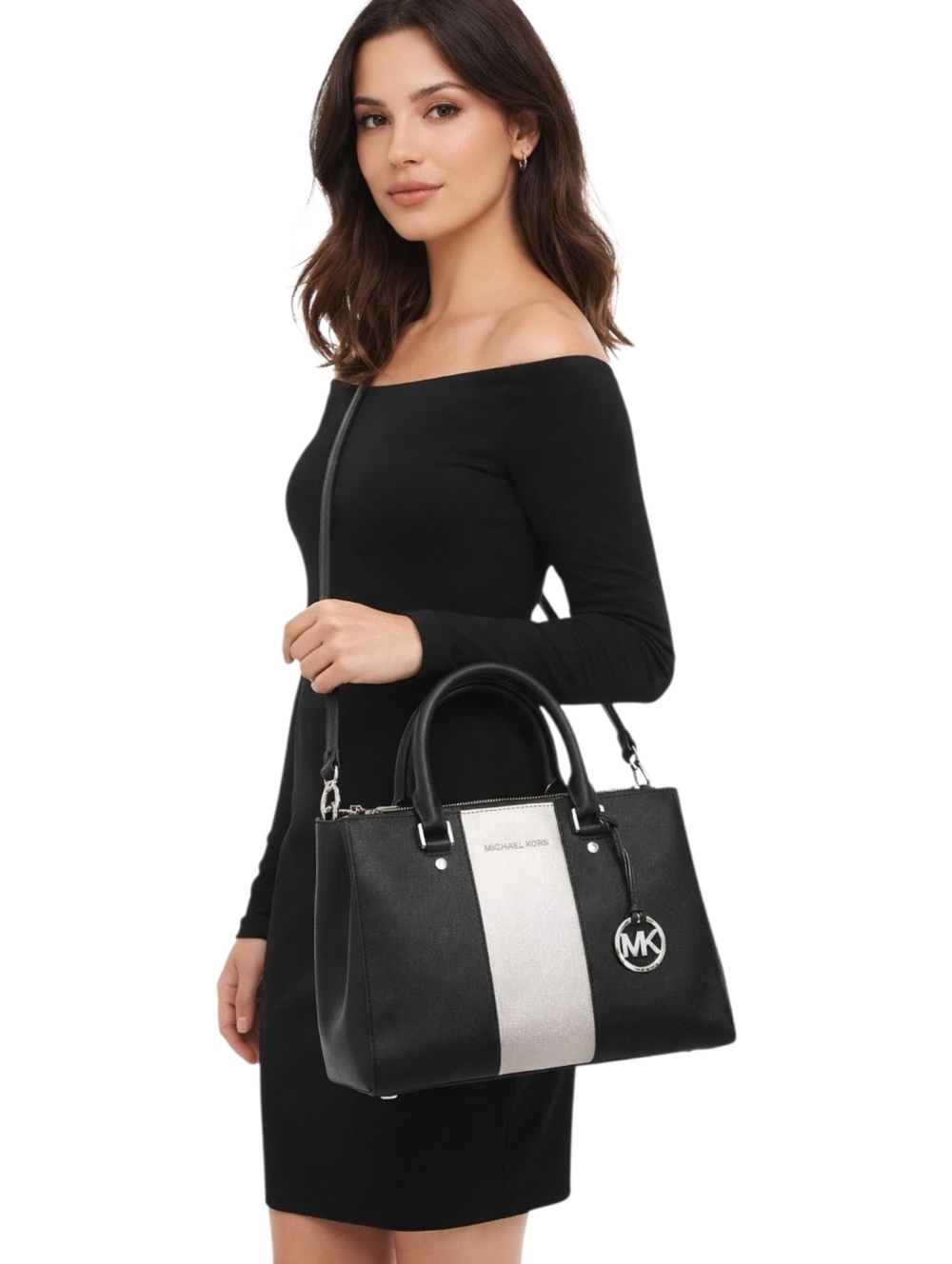 Michael Kors structured satchel in black with a central silver stripe. EUC